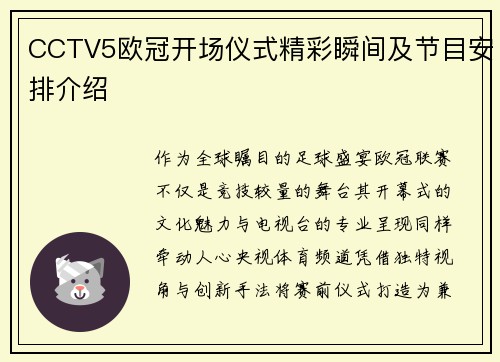 CCTV5欧冠开场仪式精彩瞬间及节目安排介绍